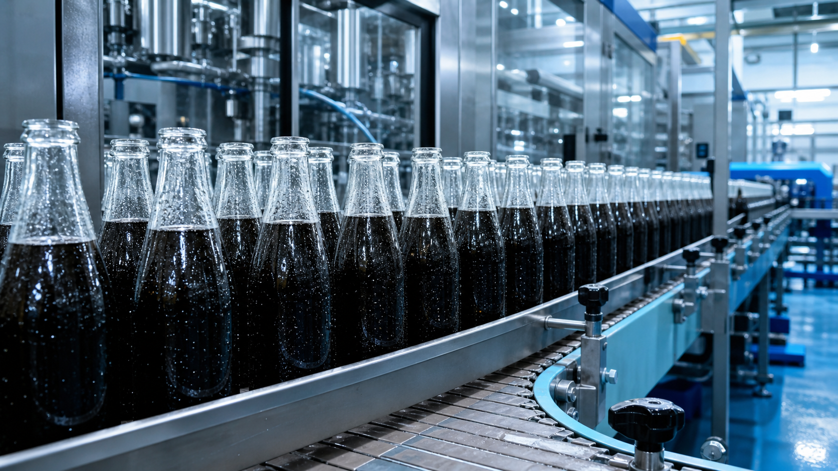 Bebidas frías en botellas de vidrio sobre transportador