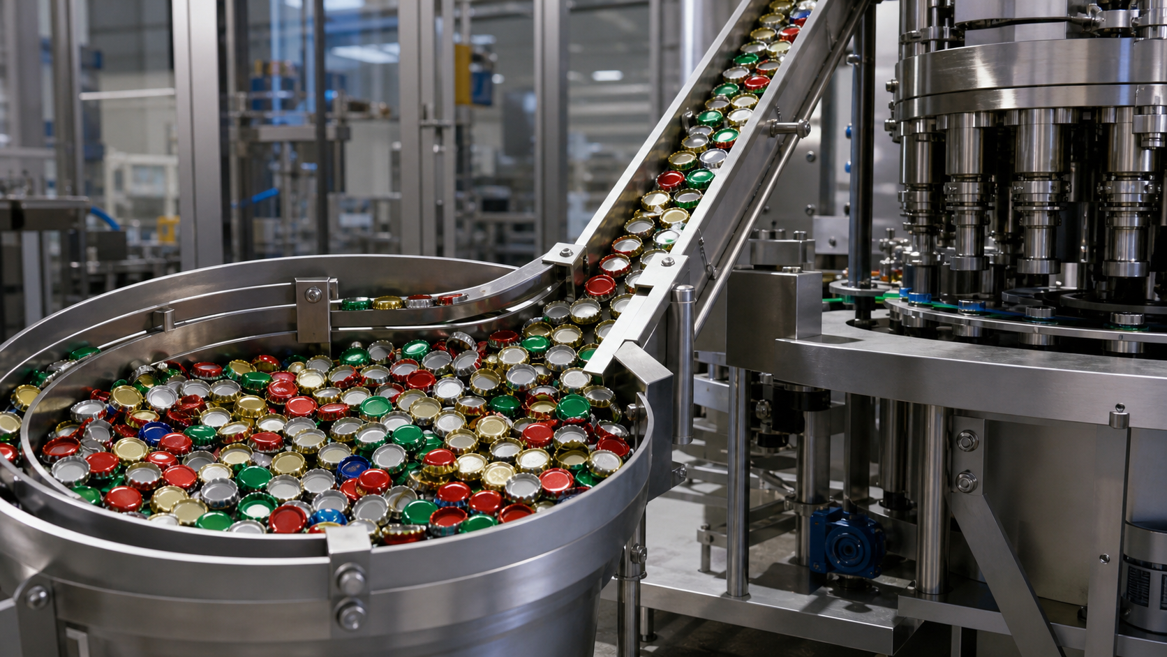 Tapas metálicas en alimentador y transportador industrial