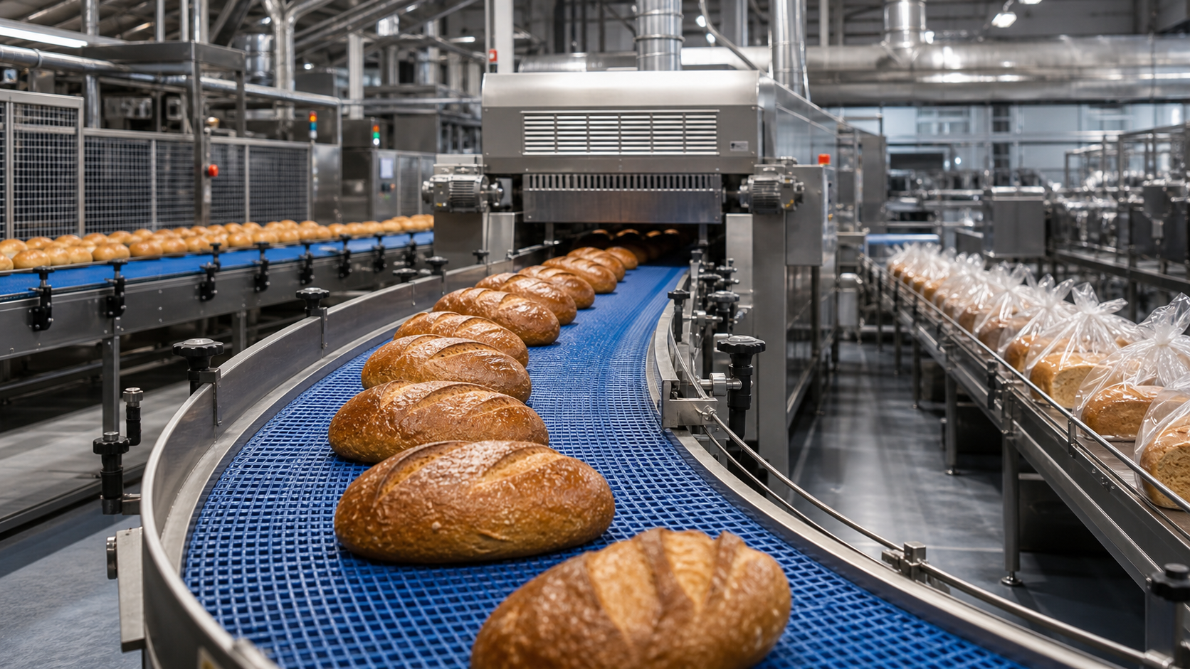 Pan sobre una banda transportadora de grado alimentario